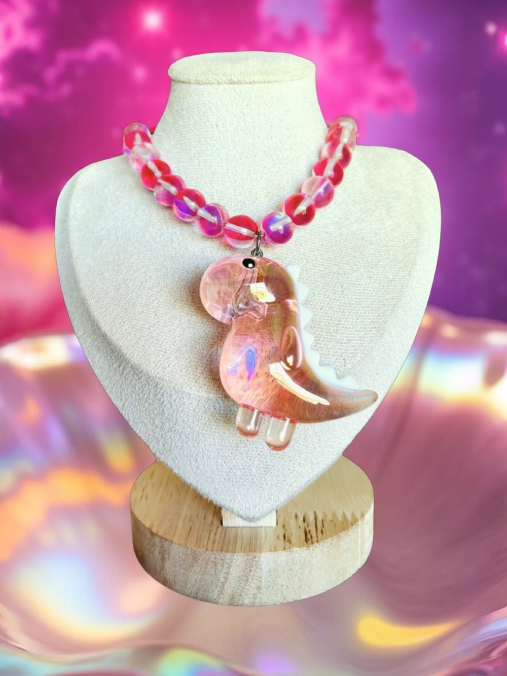 One-of-a-Kind Pink Iridescent Dino Pendant Statement Necklace / Festival vibes